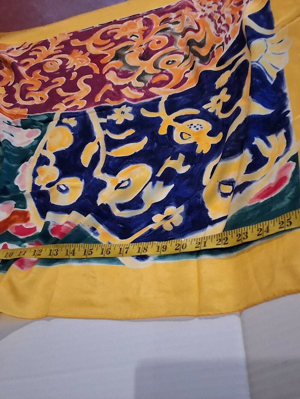 Vintage Silk Feel Scarf Rolled Edge Colorblock Floral Baroque Yellow Border